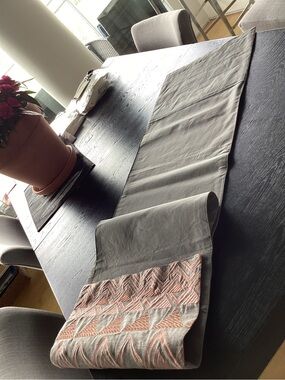 Project 62 Gray Table Runner with Pink Geometric Trim and two placemats.NWT